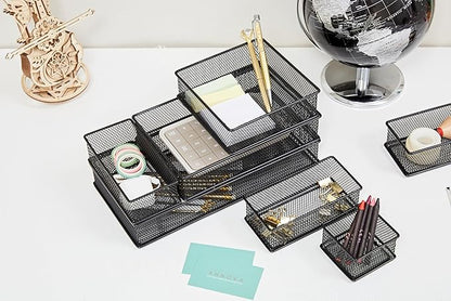 Annova Mesh Stackable Drawer Cabinet and Shelf Organizer Bins Storage Basket School Office Supply Holder Tray- Set of 2 (Black, 6x6x2 Inch)