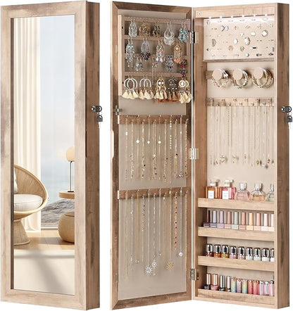 Nicetree 6 LEDs Mirror Jewelry Cabinet, Large Capacity Lockable Jewelry Armoire Organizer, Door or Wall Mounted Mirror with Jewelry Storage, Oak