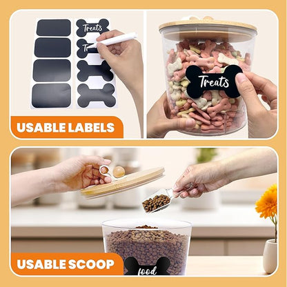 3 Pack Airtight Dog Food Storage Container, Dog Treat Container Dog Food Containers with Bamboo Lids 8x7''&6x5'',Pet Food Storage Container,Cat Food Container with Scoops,Clamp,Labels,Pen