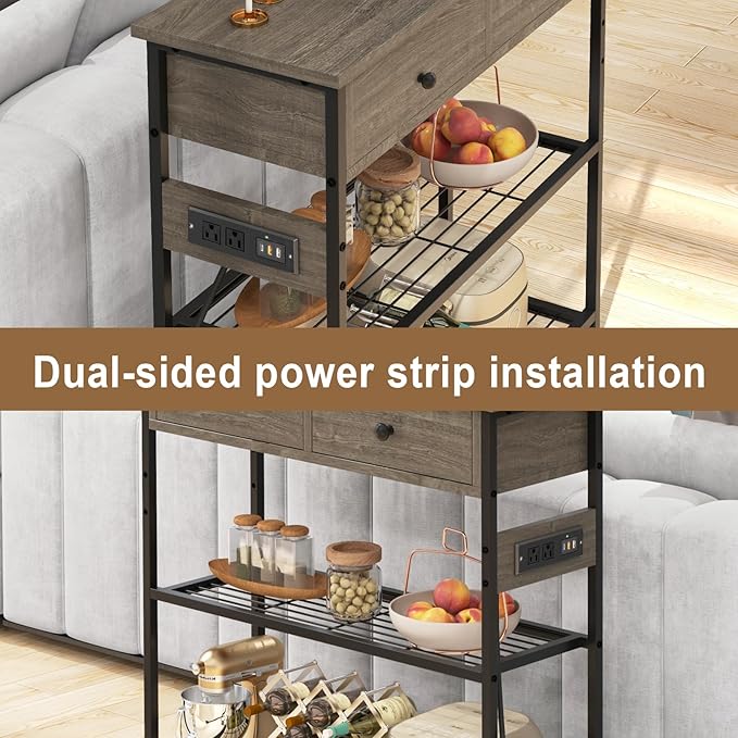 GOFLAME Console Table with Power Outlet, Narrow Entry Table with Drawers, 2 AC Outlets & 2 USB Ports, Sofa Table for Living Room Behind Couch, Living Room, Foyer, Grey Oak