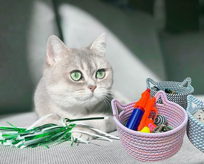Small Woven Baskets | Mini Storage Bins | Cotton Rope Baby Nursery Organizers | Cute Round Cat Ears Basket for Organizing Desk Decor Kids Toy Dog Cat Baby Girls Gifts-Set of 3(Black white)