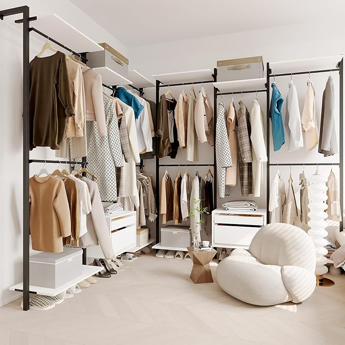 Wall-Mounted Steel & Wood Closet Organizer System with 4 Adjustable Shelves, 5 Hanging Rods, and 2 Drawers – Modern Open Wardrobe, White