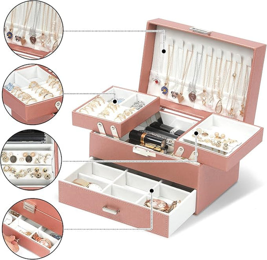 Dajasan Jewelry Organizer Box, Large Jewelry Boxes for Women Girls, Compact 3 Layers Jewelry Storage Case with Drawer, Gift Idea for Christmas, Valentine's Day, Birthday, Mother's Day (Rose Gold)
