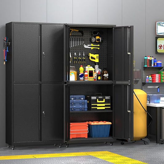 Metal Cabinet with Wheels,72.8" H Rolling Tool Storage Cabinet with Locking Doors and Adjustable Shelves,Garage Organization Cabinets,Lockable Storage Cabinet on Wheels for Garage,Warehouse (Black)