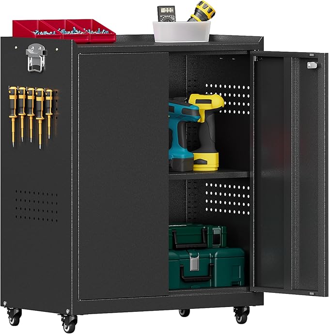 Garage Storage Cabinet with Wheels, Metal Storage Cabinets for Hanging Tools, Rolling Tool Cabinet, 34''H Heavy Duty & Rust Resistant Storage Cabinet for Garage, Warehouse, Office