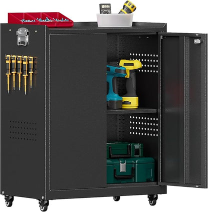 Garage Storage Cabinet with Wheels, Metal Storage Cabinets for Hanging Tools, Rolling Tool Cabinet, 34''H Heavy Duty & Rust Resistant Storage Cabinet for Garage, Warehouse, Office