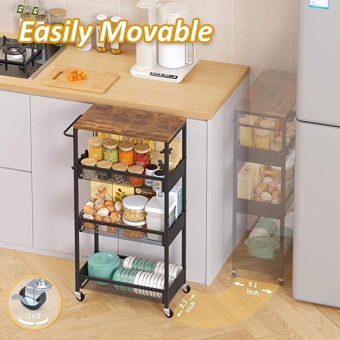Slim Rolling Utility Cart, 4 Tier Metal Narrow Storage Cart with Handle and Wood Top, Multifunctional Small Mobile Shelf Unit Organizer Trolley for Laundry, Bathroom, Kitchen