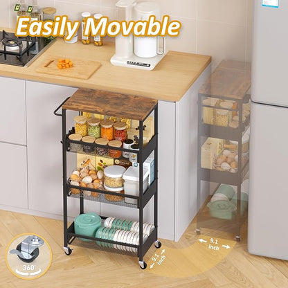 Slim Rolling Utility Cart, 4 Tier Metal Narrow Storage Cart with Handle and Wood Top, Multifunctional Small Mobile Shelf Unit Organizer Trolley for Laundry, Bathroom, Kitchen