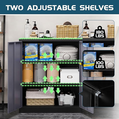 MIIIKO Lockable Storage Cabinet, Small Metal Garage Cabinet with Doors and Shelves, 35.4" Height Base Locker Cabinets 2 Doors