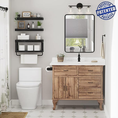 QEEIG Bathroom Shelves Over Toilet - Floating Shelf for Wall Toilet Paper Storage Farmhouse 16 inch Set of 3, Black (029-40B3)