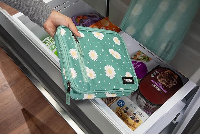 PackIt Freezable Classic Lunch Box, Daisy Sage, Built with EcoFreeze® Technology, Collapsible, Reusable, Zip Closure With Zip Front Pocket and Buckle Handle, Designed for Fresh Lunch On the Go
