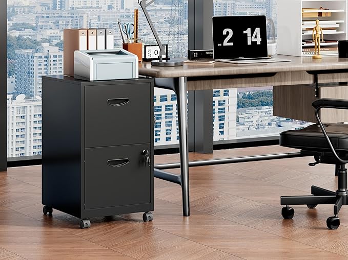 2 Drawer File Cabinet on Wheels, Mobile Two Drawer Filing Cabinet with Lock, Small Rolling Files Cabinets for Under Desk, Metal Filing Cabinets for Letter Size Folders - Assembly Required