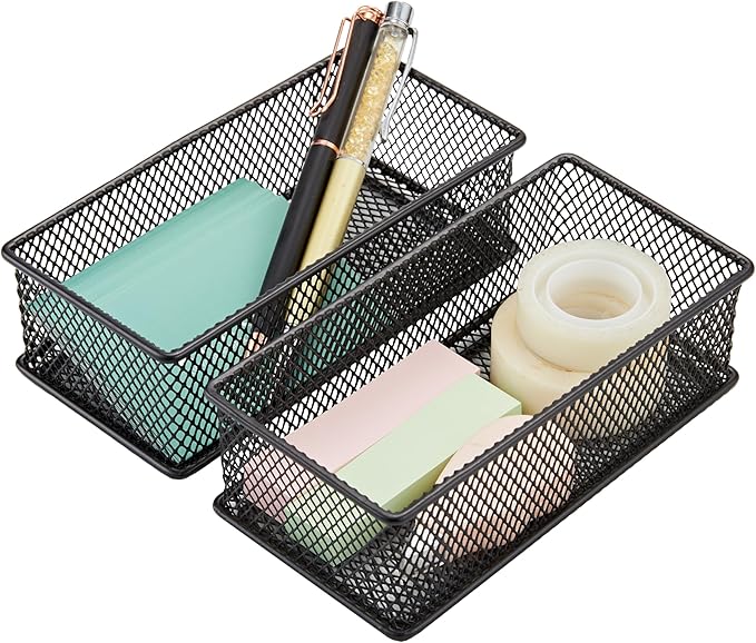 Annova Mesh Drawer Cabinet and Shelf Organizer Bins Storage Basket School Office Supply Holder Tray- Set of 2 (Black, 3x6x2 Inch)
