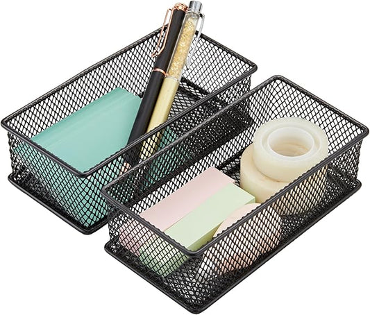 Annova Mesh Drawer Cabinet and Shelf Organizer Bins Storage Basket School Office Supply Holder Tray- Set of 2 (Black, 3x6x2 Inch)