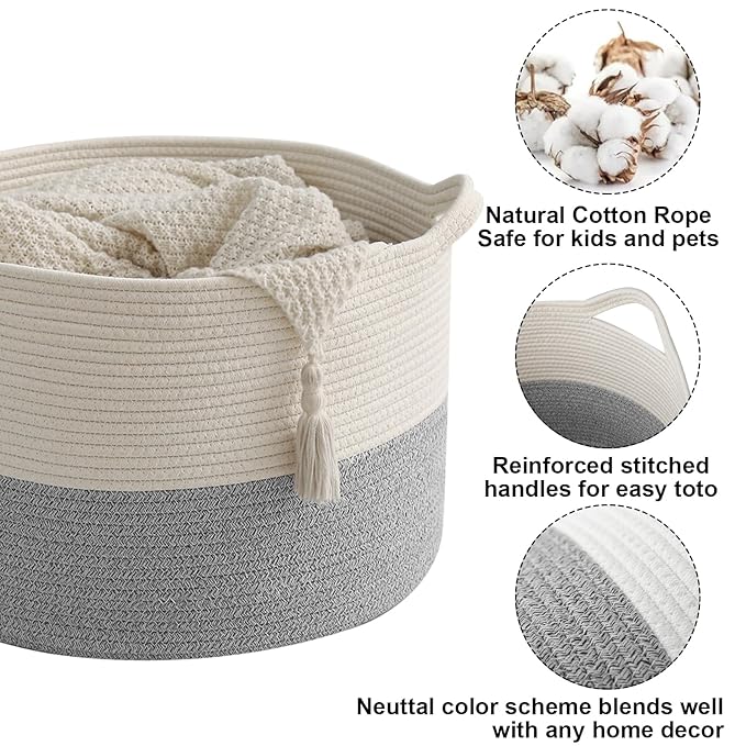 65L Large Blanket Basket,19.7" L x 19.7" W x 13" H Rope Woven Baskets with Handles, Toys Storage Bins,Laundry Basket Perfect for Living Room, Nursery,Bedroom,Home Organization,White&Grey