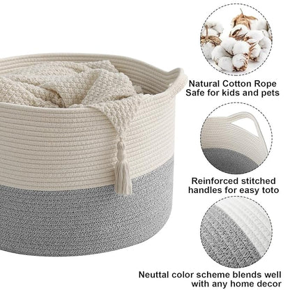 65L Large Blanket Basket,19.7" L x 19.7" W x 13" H Rope Woven Baskets with Handles, Toys Storage Bins,Laundry Basket Perfect for Living Room, Nursery,Bedroom,Home Organization,White&Grey