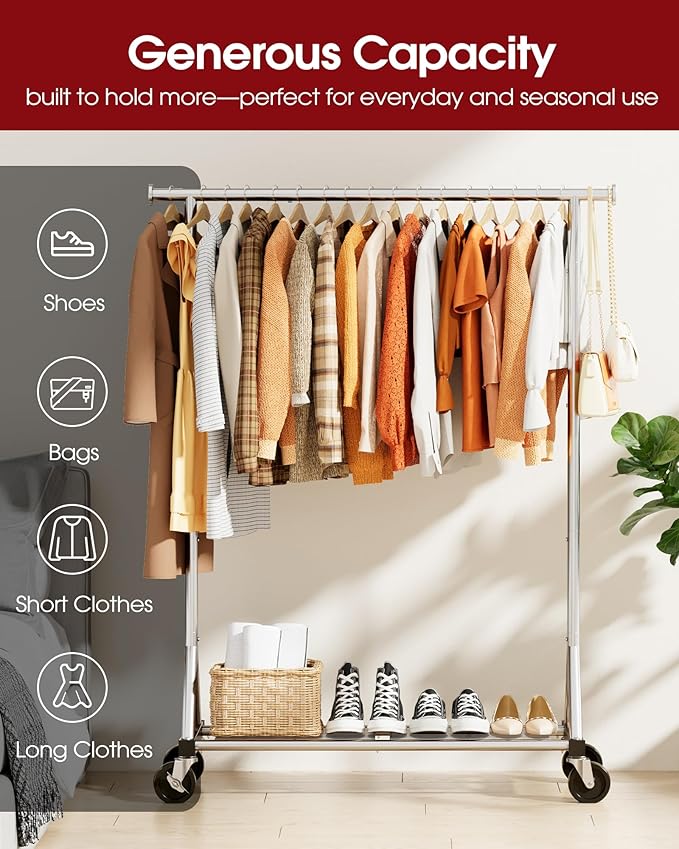 Stainless Steel Rolling Clothes Rack with Mesh Shelf, Lockable Wheels & Anti-Slip Stoppers, Freestanding Clothing Organizer for Bedroom, Laundry Room, 42.5" x 16.5" x 65.9", Silver