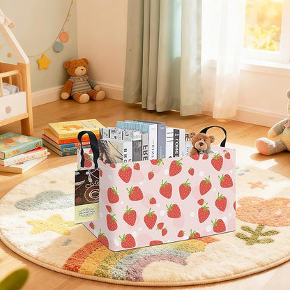 HUNRUNG Rectangle Storage Basket Cute Canvas Organizer Bin for Pet/Children Toys, Books, Clothes Perfect for Rooms/Playroom(REC-Pink Strawberry)