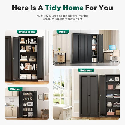 Greenvelly Metal Cabinet, 63" H Black Metal Storage Cabinet with Doors and 4 Shelves, Pantry Storage Cabinet for Kitchen, Bedroom, Living Room, Office (Modern)