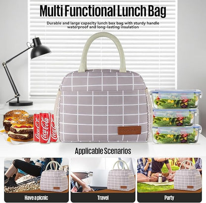 Lunch Bag Women/Men Lunch Box Women/Men (Grey+White Blocks)