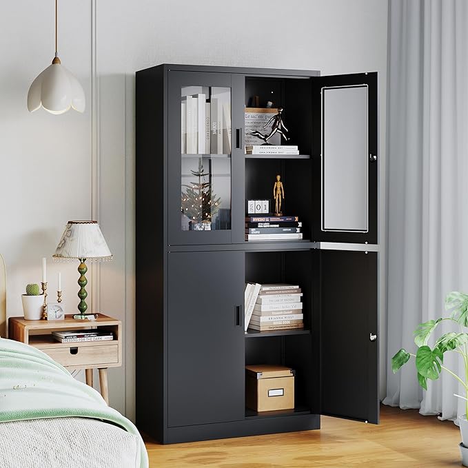Metal Storage Cabinet with Glass Doors, Lockable Office Storage Cabinet, 71" Tall Display Case with Adjustable Shelves for Home Office,School and Hospital (Black)