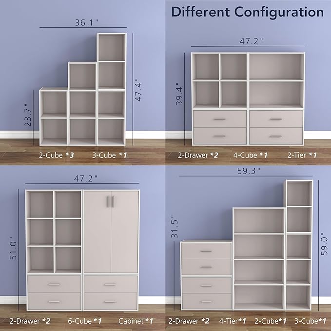 Homes: Inside + Out Apexa 4-Tier Cube Storage Organizer Shelves, Stackable Wood Bookcase Fits Cubby Bins for Organization, Dorm Teen Room Decor & Home Office, Taupe Grey