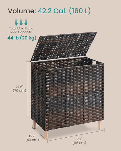 SONGMICS 3-Section Laundry Hamper with Lid, 42.2 Gal (160L) PE Rattan Laundry Basket with Removable Washable Liners, for Bedroom & Living Room, Chestnut Brown ULCB223ME01
