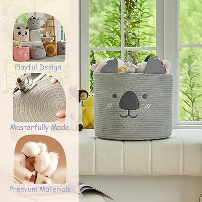 OMERAI Animal Koala Basket, Cute Cotton Rope Woven Large Blanket Basket, Toy Storage for Nursery decor and Laundry Organizer with Handles, baby hamper shower gift, 15"D x 12.6"H, Grey