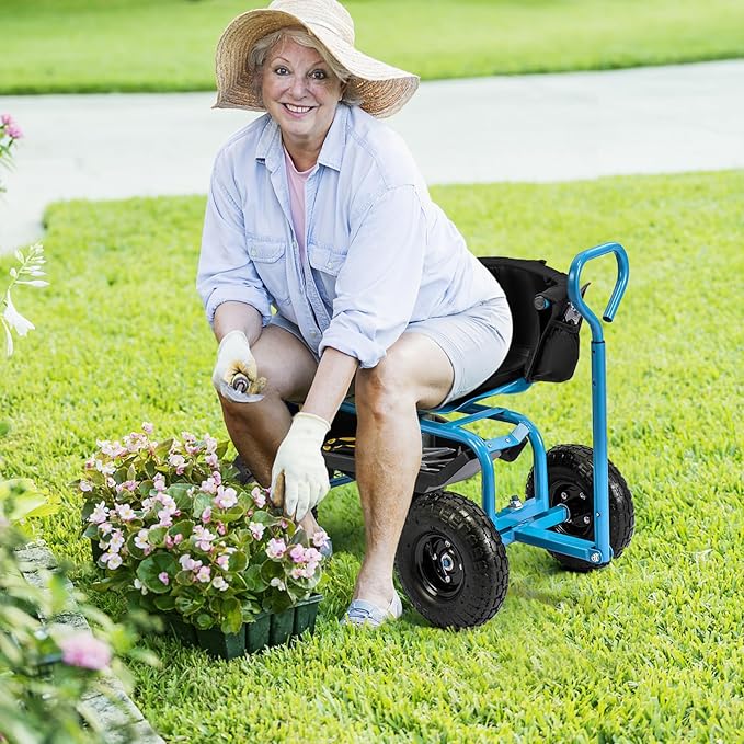 Giantex Rolling Garden Cart, 360 Swivel Workseat with 4 Wheels, Removal Cushion & Tool Tray, Storage Basket, Gardening Wagon Scooter with Adjustable Height, Handle (Blue)
