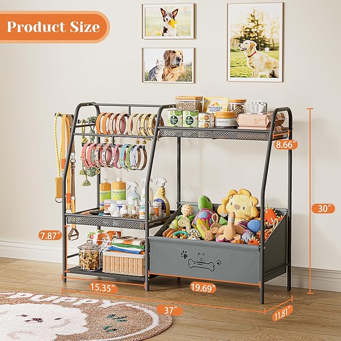 Large Dog Toy Basket with Dog Storage Organizer, Trapezoid Toy Bin Box with Collar Leash Holder Hook, Dogs Toy Holder Chest Pet Storage Cabinet for Living Room Dogs Essentials
