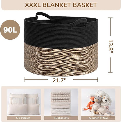 INDRESSME Large Storage Baskets for Organizing, 21.7 x 13.8 Blanket Basket Living Room Dog Toy Bin, Woven Laundry Basket for Dirty Clothes, Pillows, Towel, 90L Mix Black