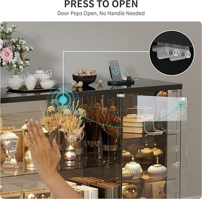HNEBC Lockable Display Curio Cabinet with Glass Door,47.2" W Glass Display Cabinet with 3 Color Lights for Collectibles,5-Tier Lighted Display Case with Human Sensor,Living Room,Black