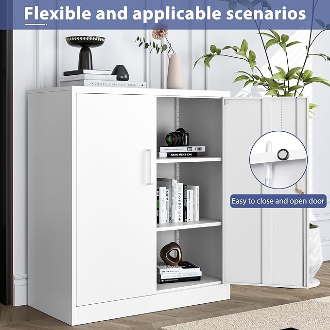 Metal Storage Cabinet with Doors and Adjustable Shelves,Steel Lockable Cabinet for Garage,Office and School Assembly Required(White)