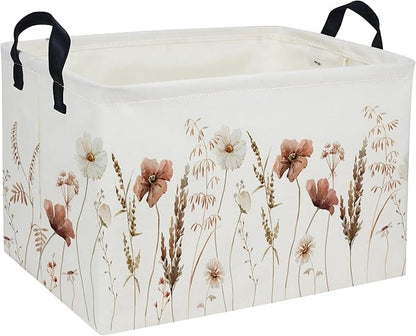 Rectangular Kids Baskets Flower Basket Kids Storage Bins Girls Basket Cute Storage Bin Organizer Box Room Decor for Home(Ink wash flower)