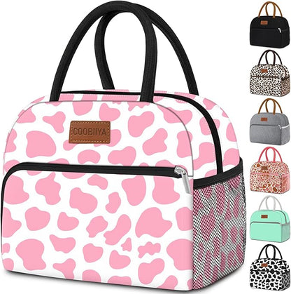 Coobiiya Lunch Bag Women, Lunch Box for Women Adult Men, Small Leak-proof Cute Lunch Tote Large Capacity Reusable Insulated Cooler Lunch Container for Work/Office/Picnic/Travel-Pink Cow