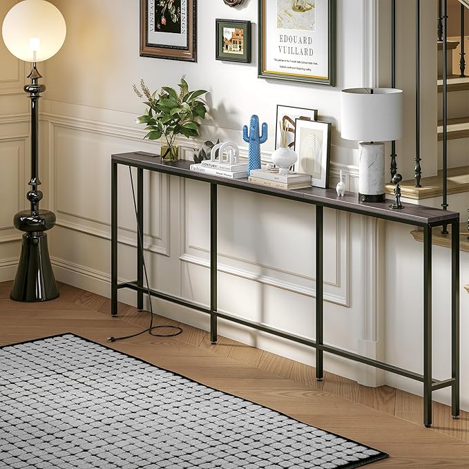 86.6" Behind Couch Table with Fast Charging Station, 7.1" Narrow Skinny Sofa Table with 2 Power Outlets, 2 USB-A, USB-C for Console Entryway, Black Oak