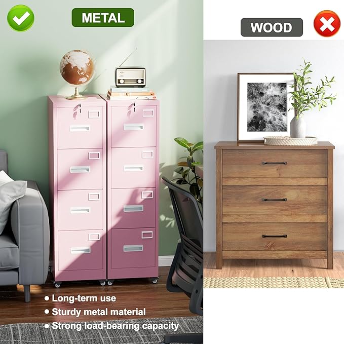 Aobabo 4 Drawer File Cabinet with Wheels, Lockable Office Metal Filing Cabinet with Name Card for Office and Home,Assembly Required,Pink
