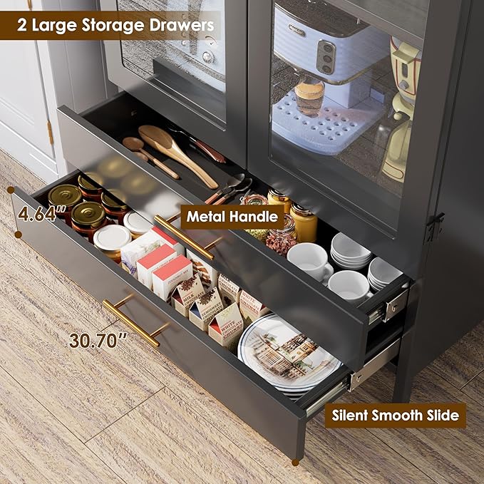 Metal Arched Pantry Cabinet with 2 Drawers,Black Arched Cabinet with Glass Door for Kitchen Home, Assemble Required,Black,72.76"×30.83" W×16.10" D