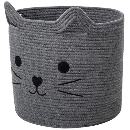 VK VK·LIVING Large Basket for Organizing Cute Animal Storage Baskets Cat Toy Storage Woven Cotton Rope Hamper Organizer for Laundry, Towels, Blanket, Toys, Clothes, Gifts, Pet Bed 15''x14''