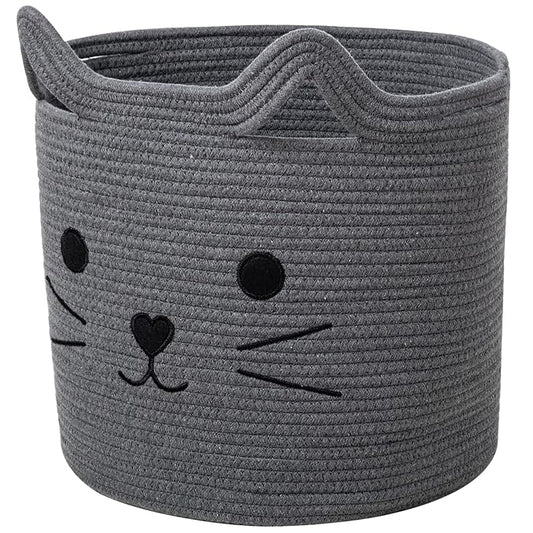 VK VK·LIVING Large Basket for Organizing Cute Animal Storage Baskets Cat Toy Storage Woven Cotton Rope Hamper Organizer for Laundry, Towels, Blanket, Toys, Clothes, Gifts, Pet Bed 15''x14''