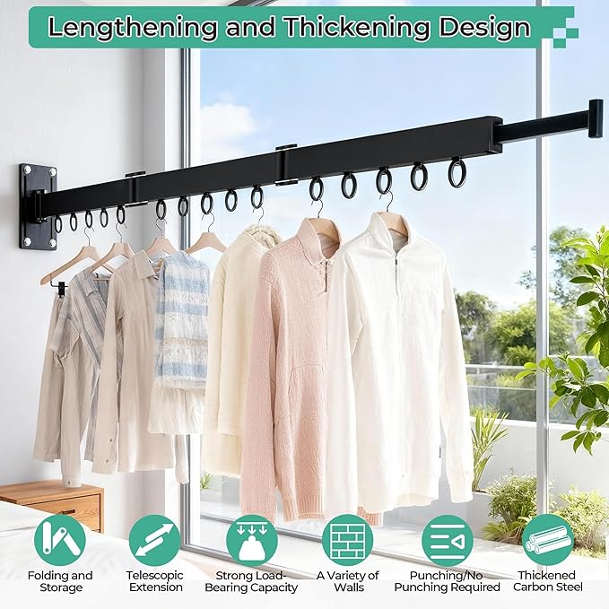 Wall Mounted Drying Rack,Foldable and Rotatable Clothes Drying Rack, Triple Folding Hanger Saves Space,Suitable for Cloakroom,Balcony, Bathroom,The Maximum Load Bearing 50kg (Black)