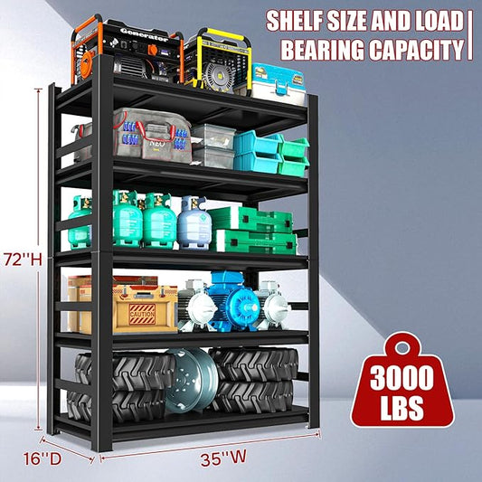 72" H Metal Garage Shelving Unit, 5-Tier Heavy Duty Storage Shelves with Fences, 3000 lbs Capacity, Adjustable, Industrial Steel Utility Shelf for Garage, Workshop, Basement, 35" Wx16" D, Black