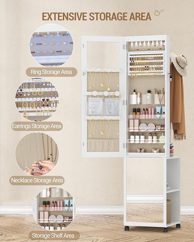 8 LEDs Jewelry Cabinet Armoire, 66.9-inch Jewelry Organizer with Garment Rack, Lockable Full-length Mirror with 4 Wheels, Storage Shelves with Hooks, 5-in-1, White and Beige JC17003BE