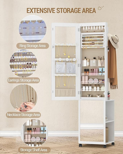 8 LEDs Jewelry Cabinet Armoire, 66.9-inch Jewelry Organizer with Garment Rack, Lockable Full-length Mirror with 4 Wheels, Storage Shelves with Hooks, 5-in-1, White and Beige JC17003BE