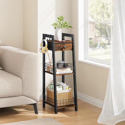 3-Tier Narrow Ladder Shelf with Drawer, Bathroom Table Stand for Small Space, Narrow Bathroom Standing Shelves with Storage for Living Room Bedroom Kitchen, Organizer Shelf, Rustic Brown