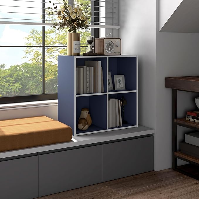 Homes: Inside + Out Apexa 4-Cube Storage Organizer Shelves, Stackable Wood Bookcase Fits Cubby Bins for Organization, Dorm Teen Room Decor & Home Office, Steel Blue