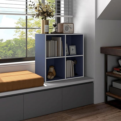 Homes: Inside + Out Apexa 4-Cube Storage Organizer Shelves, Stackable Wood Bookcase Fits Cubby Bins for Organization, Dorm Teen Room Decor & Home Office, Steel Blue