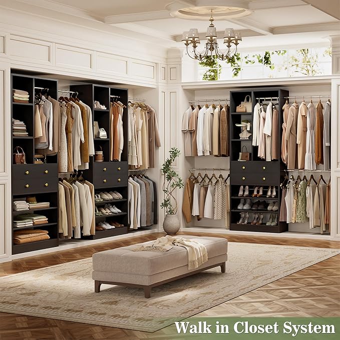 Closet System, 4.2–8.8 FT Closet Organizer with 2 Wooden Drawers and Shelves, Walk-in Closet System with 5 Hang Rods, Built-in Reach in Closet Tower, Can Fit 60 to 96 inch, Black
