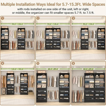 Aheaplus Closet System, 6-15Ft Closet Organizer with 8 Wooden Drawers, Wood Closet Organizer System with Tower, Walk-in Closet Organizer Wardrobe Clothes Rack with 4 Hanging Rods, Garment Rack, 1Black