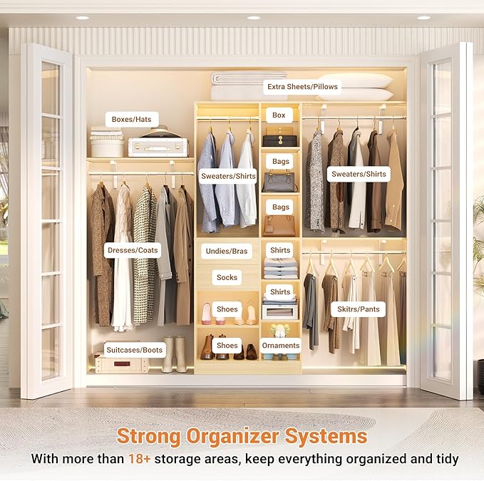 Upgraded 96 Closet System with 18 Storage Place, 8FT Closet Organizers System with 13 Shelves and 2 Wooden Drawers, 96'' Walk-in Closet with 4 Hanging Rods, Adjustable Garment Rack, Natural